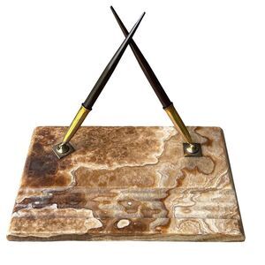 VTG Sheaffer 2 Fountain Pen Desk Set Onyx Stone Base 5503S White‎ Dot Striated